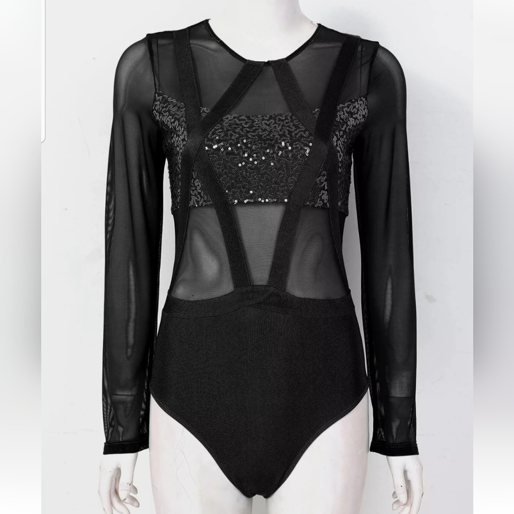 iEFiEL Black Sequin Mesh Bodysuit